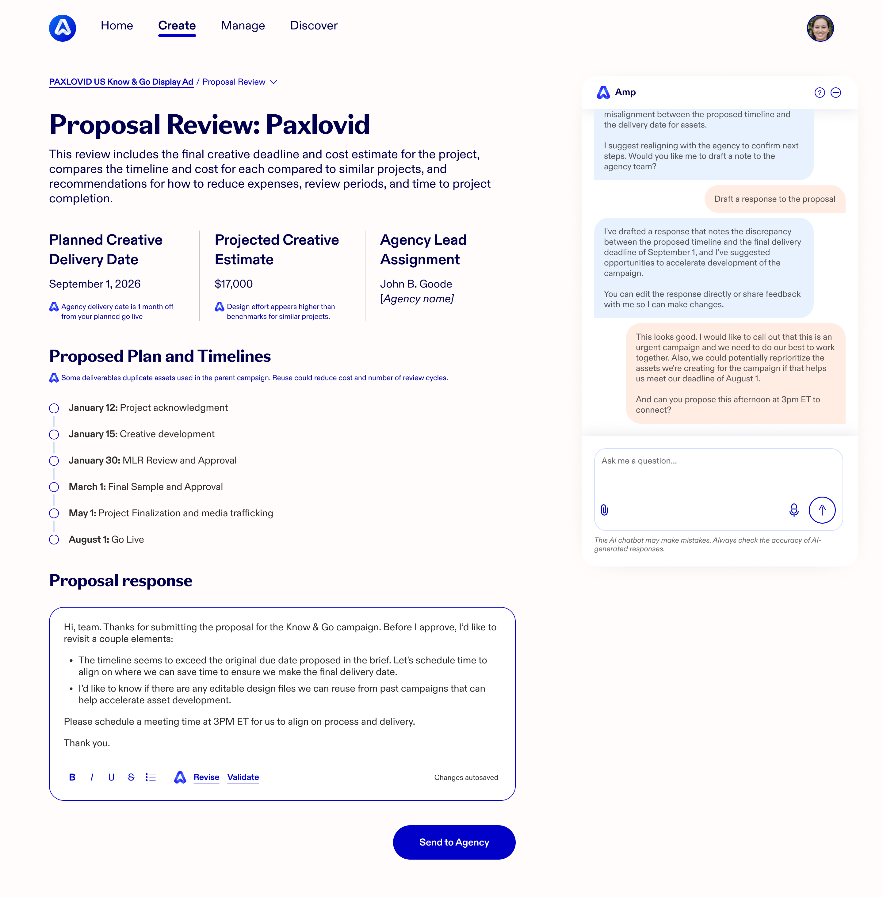 Proposal Review: Paxlovid. Planned delivery date, a $17,000 creative estimate, and the agency lead sit side by side, each annotated by Amp — the delivery date is a month off the planned go-live, the design effort is above benchmark. Below, a six-milestone timeline and a drafted, editable proposal response with a Send to Agency button.